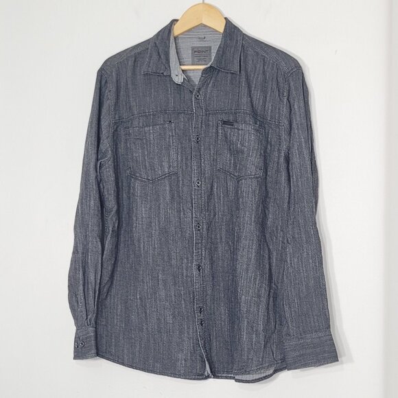 Point Zero Men's Dark Gray 100% Cotton Semi Fit Button Down Causal Shirt Large - Picture 2 of 12